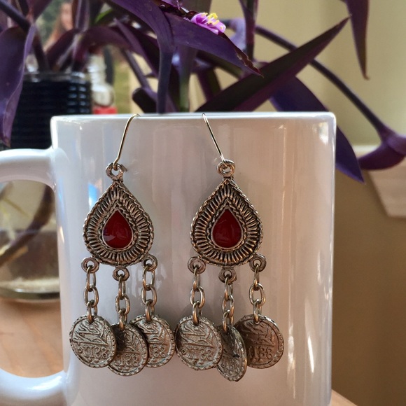 New Chandelier Drop Boho Earrings Red Silver Tone - Picture 1 of 4